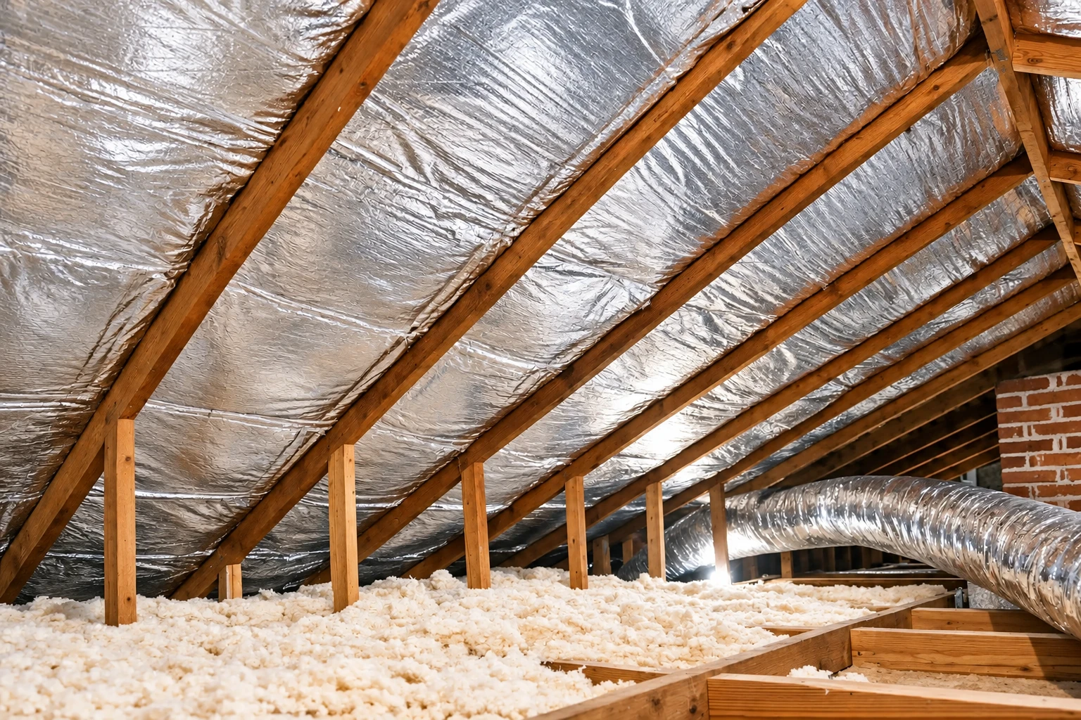 An attic has reflective foil lining the roof, exposed wooden rafters, and loose-fill insulation across the floor.