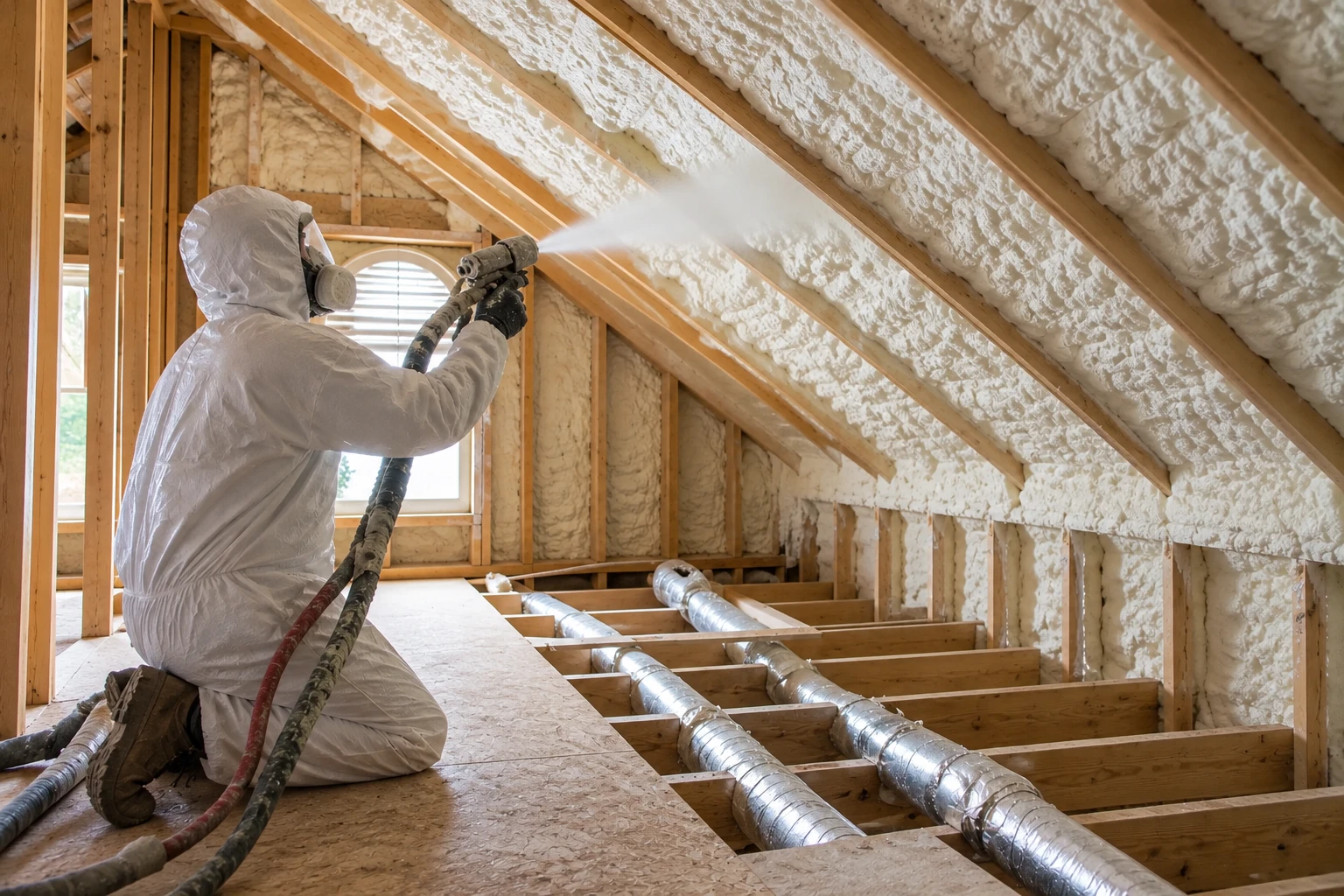 A worker in protective gear sprays foam insulation onto the sloped rafters of an unfinished attic.