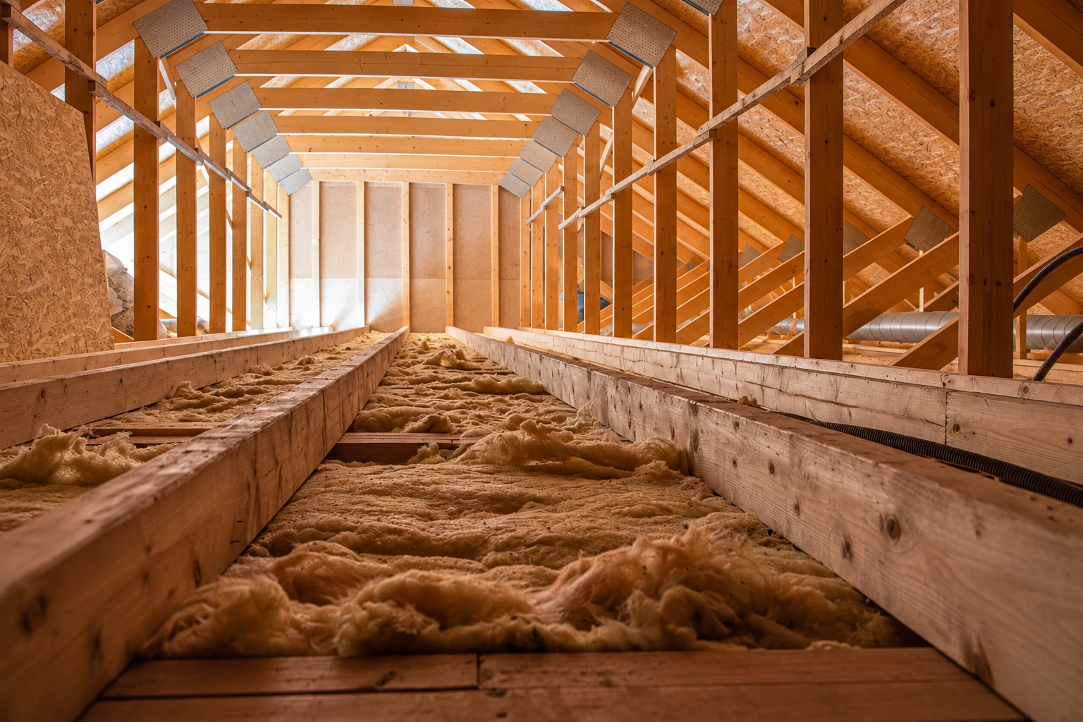 Loose-fill attic insulation covers the floor between wooden framing in an unfinished attic.