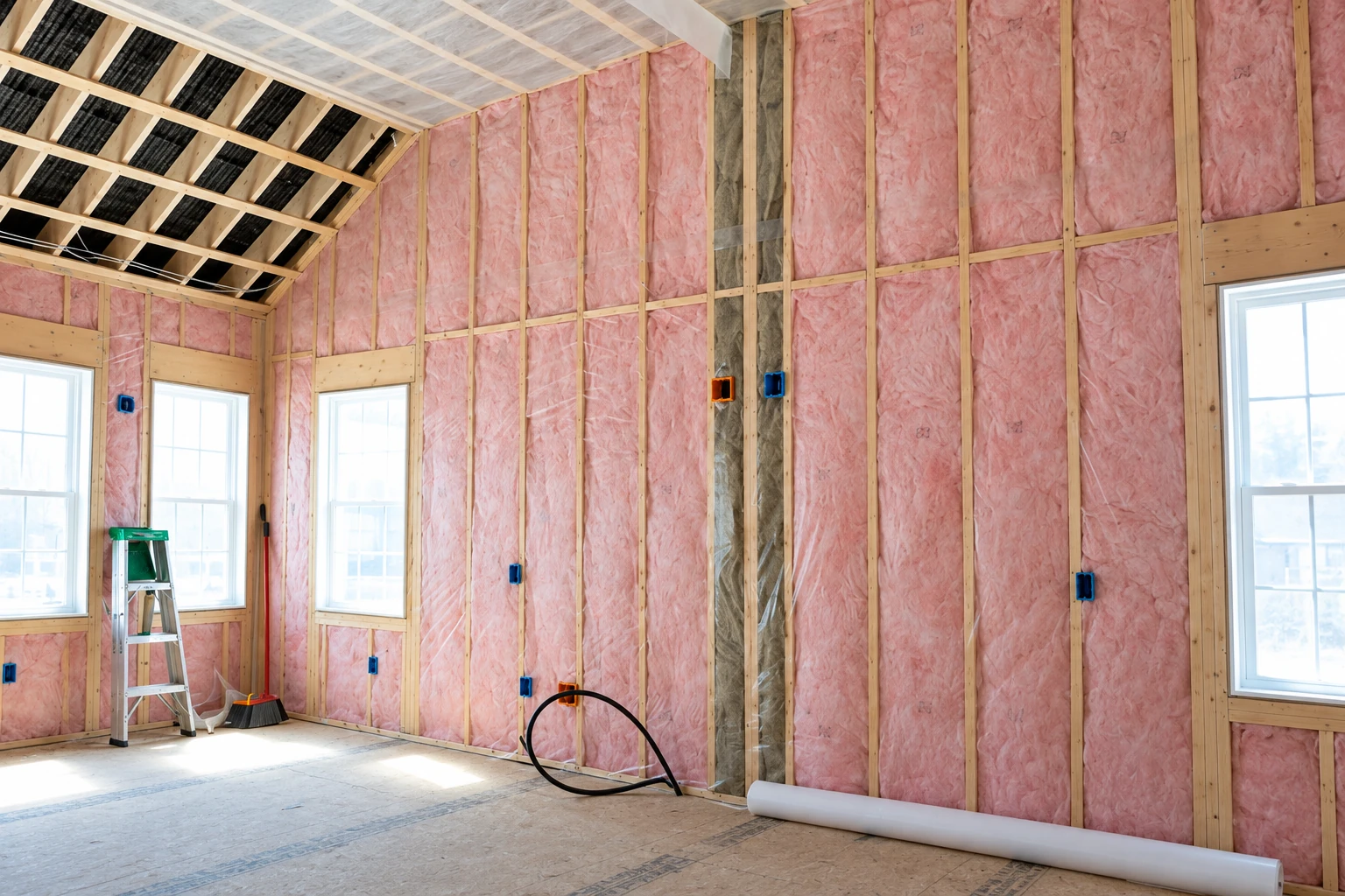 Pink fiberglass batts fill the wall studs of a bright, unfinished room, with exposed rafters, windows and a ladder.