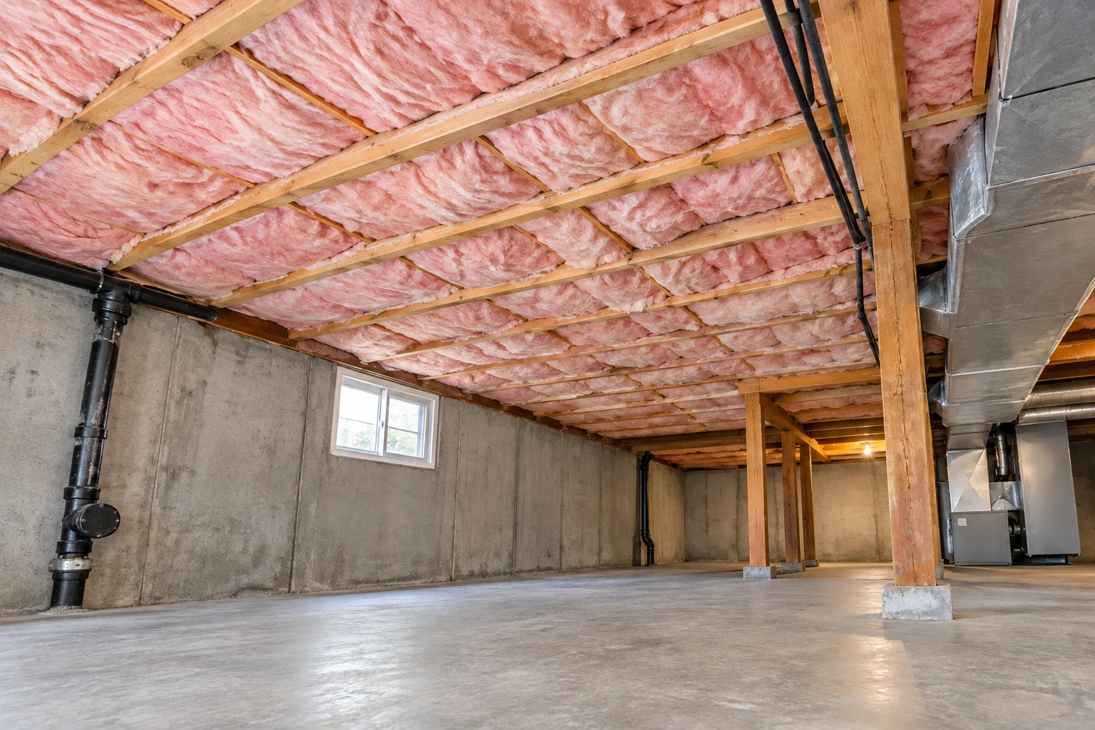 Unfinished basement with pink fiberglass insulation between ceiling joists, concrete walls, support posts, and exposed ductwork.