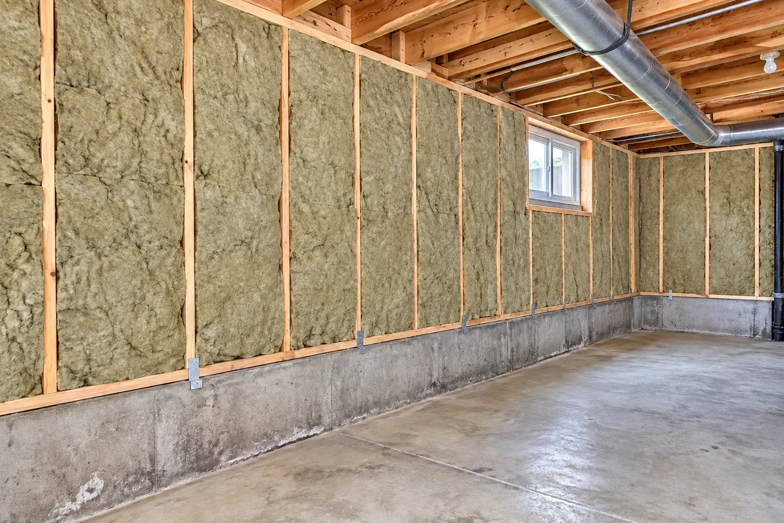 Mineral wool insulation fills the framed walls of an unfinished basement beneath exposed ceiling joists and ductwork.
