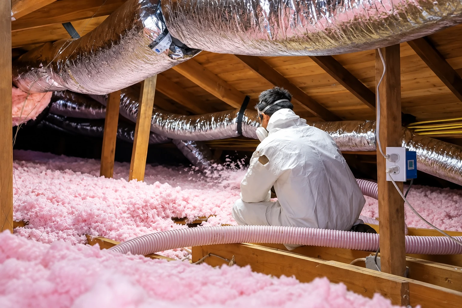 A worker in protective clothing spreads pink blown-in insulation in an attic beneath large flexible ducts.