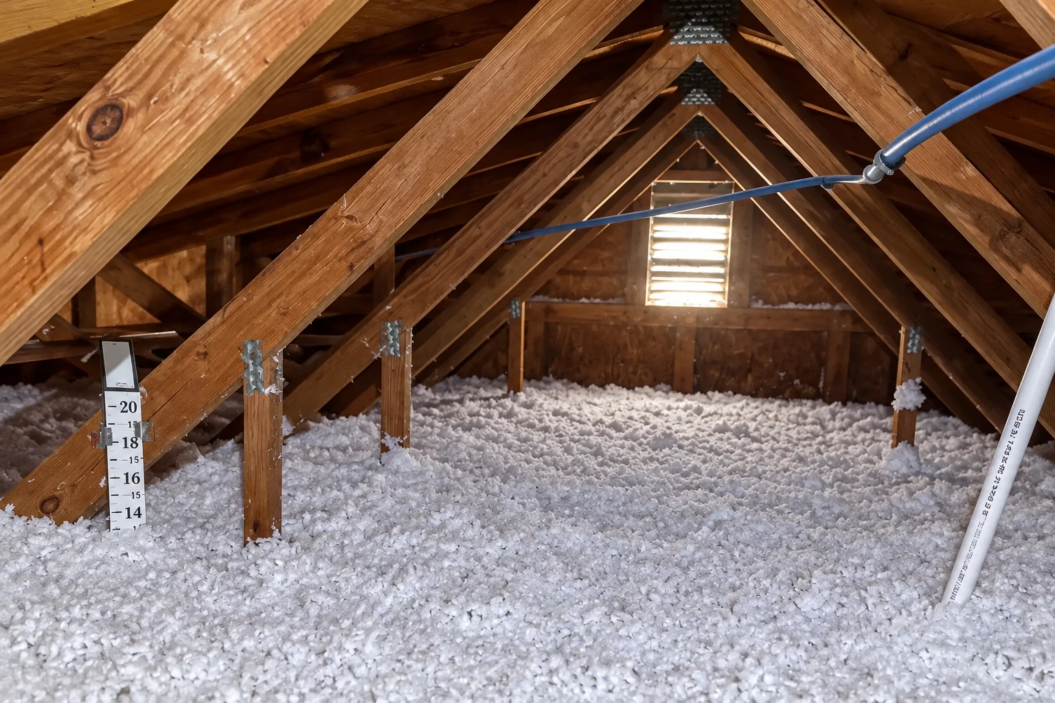 Blown-in insulation covers an attic floor beneath wooden trusses, with a hose and depth gauge visible.