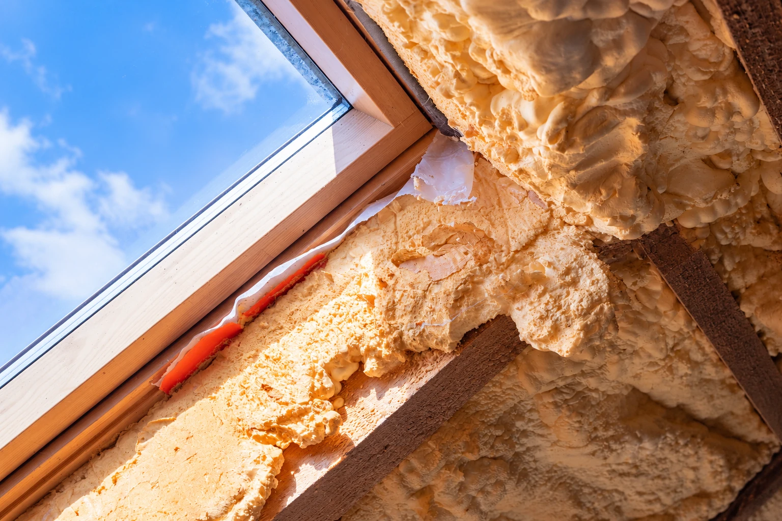 Close-up of tan spray foam insulation around a wooden-framed skylight, with blue sky visible through the glass.