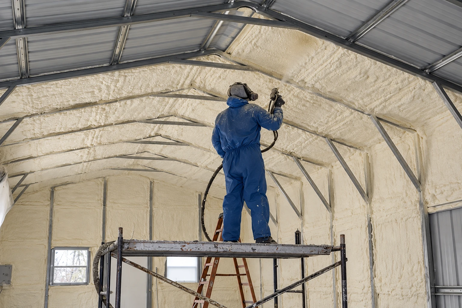 A worker in blue protective gear sprays foam insulation onto the metal-framed roof of a large building.