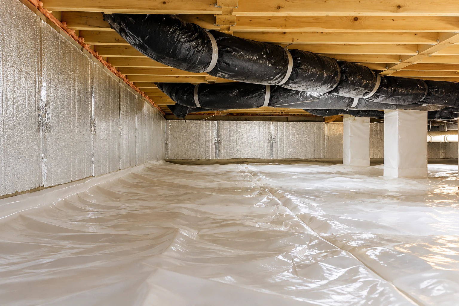Crawl space with foil-faced wall insulation, black-wrapped ductwork overhead, and a white plastic vapor barrier covering the floor.