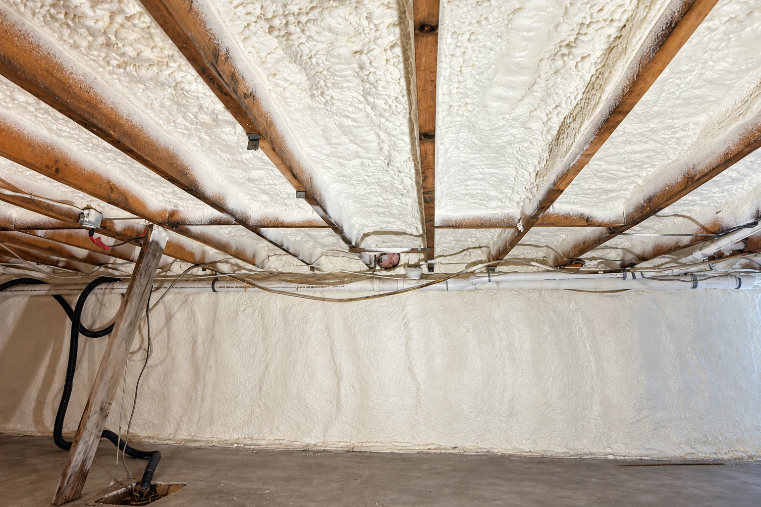 Spray foam covers the underside of wooden floor joists and crawl-space walls, with pipes and cables running below.