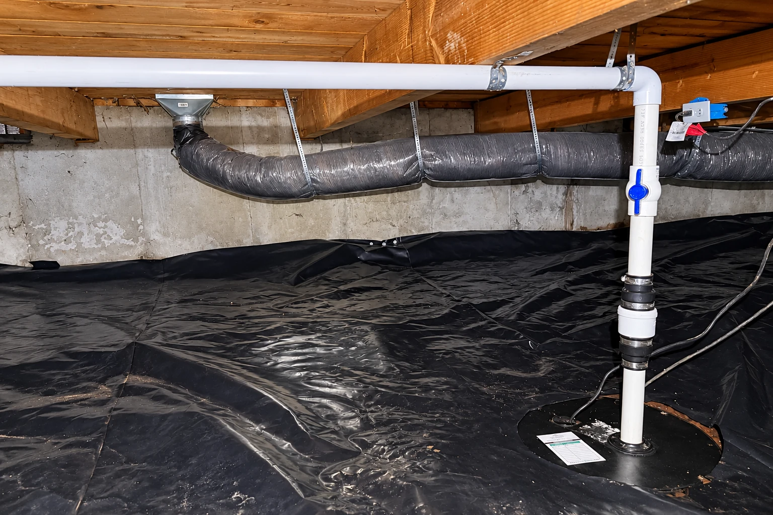 Black plastic vapor barrier covers a crawl space floor beneath a white pipe and flexible duct.
