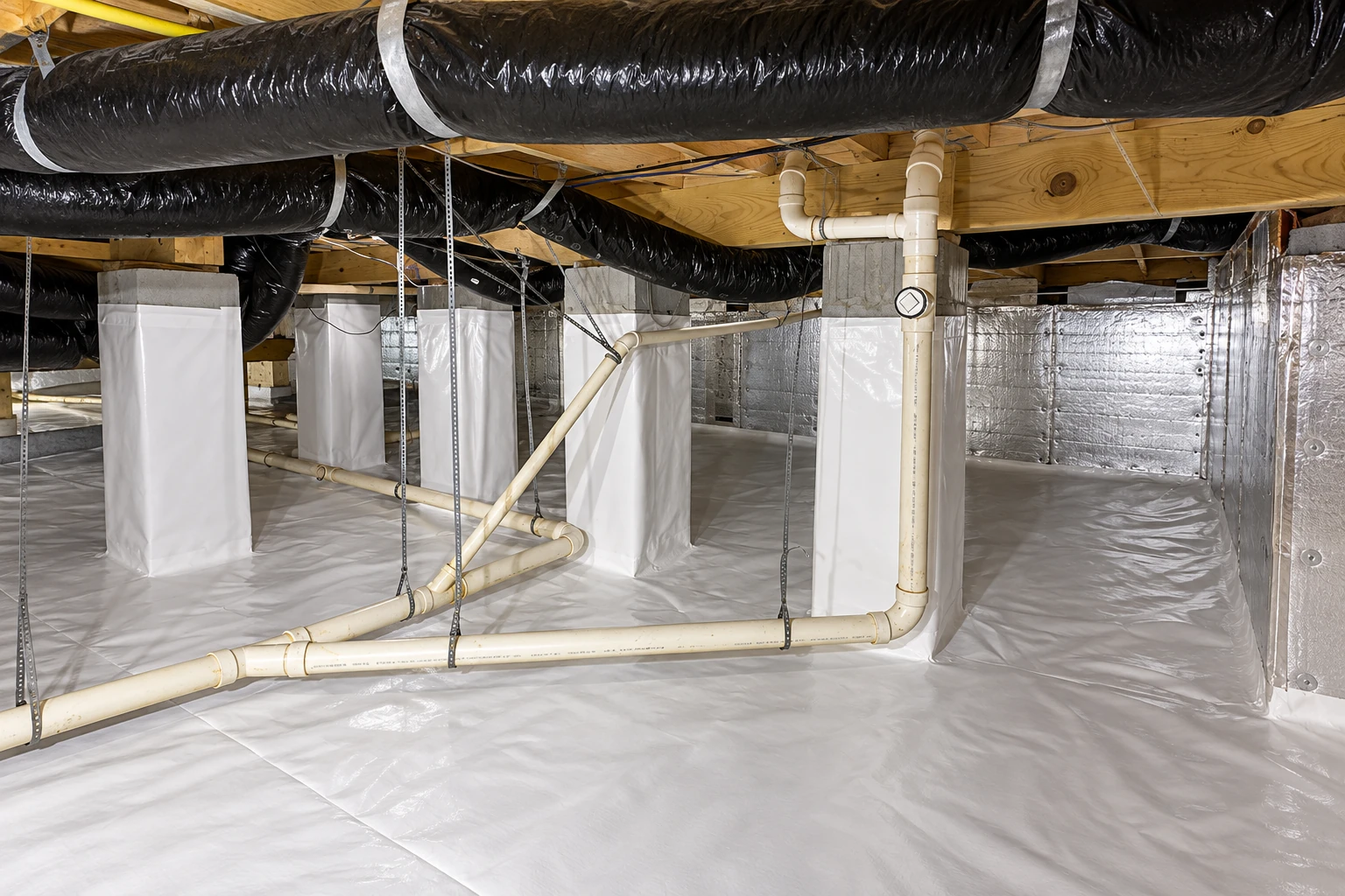 A crawl space has a white vapor barrier covering the floor and support piers, with pipes and black ducts overhead.