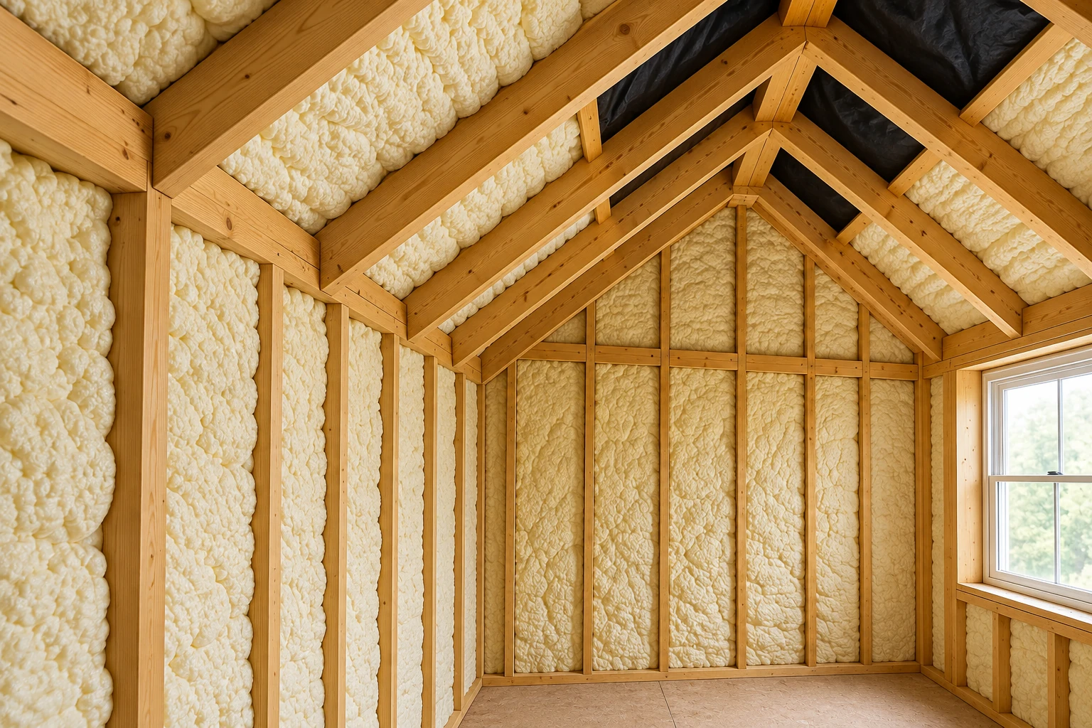 Spray foam insulation fills the wall and roof cavities of an unfinished wooden room.