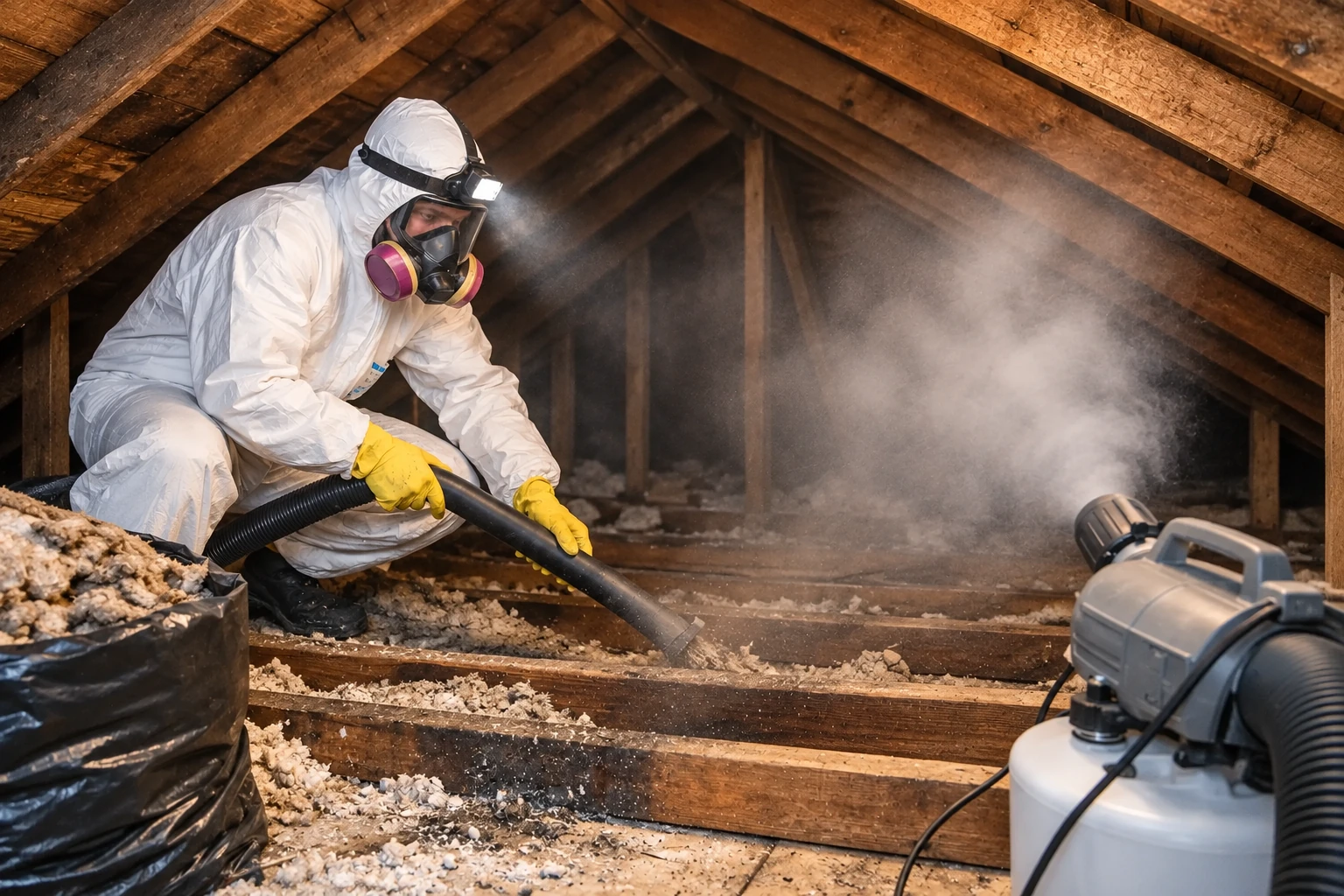 A worker in protective clothing vacuums old insulation and debris from an attic.