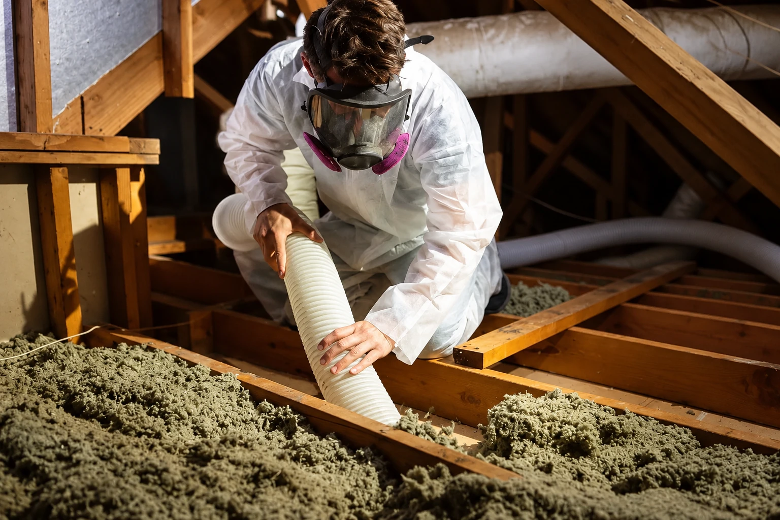 A worker wearing a respirator feeds a large hose into loose attic insulation to remove it.