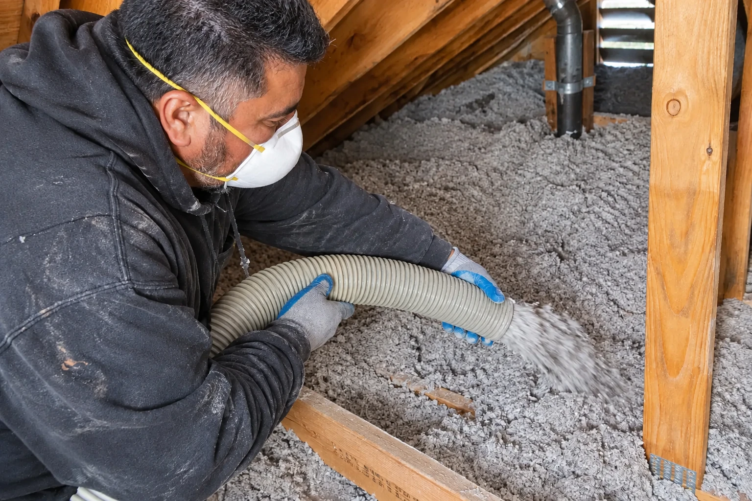 A masked worker directs a flexible hose to spread loose-fill insulation across an attic floor.