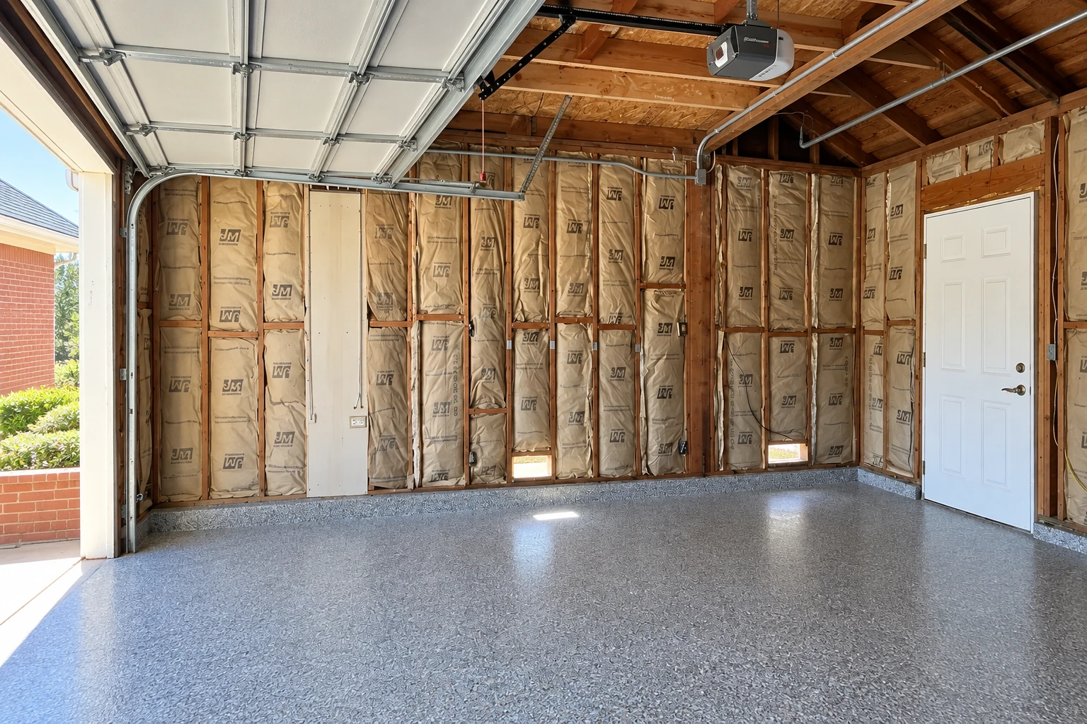 Fiberglass batt insulation lines the exposed wall studs of a garage with an open overhead door and concrete floor.