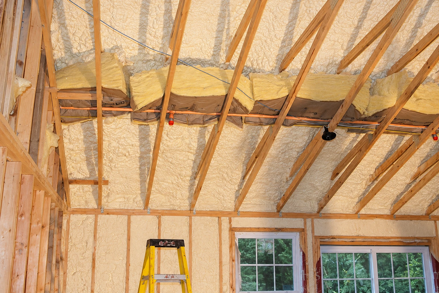 Spray foam insulation fills the roof and wall framing of an unfinished room, with fiberglass batts laid across a ceiling beam.