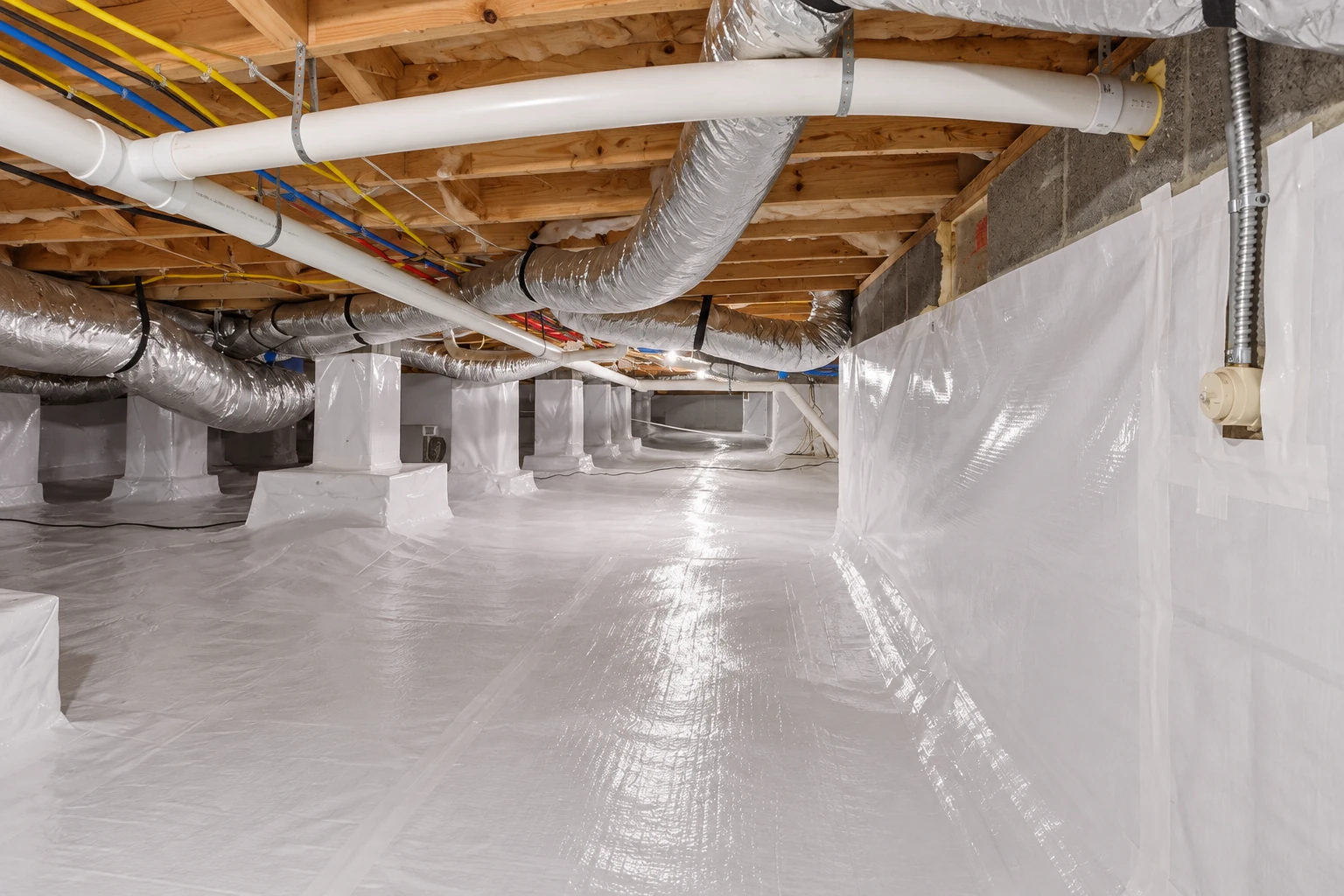 Crawl space lined with a white vapor barrier across the floor and walls, beneath exposed joists and plumbing.