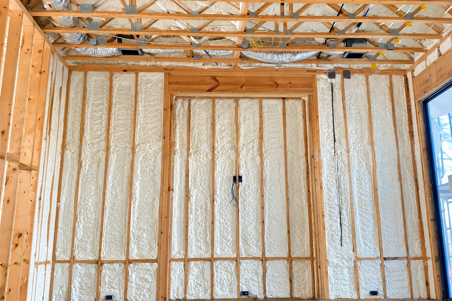 Open wall framing filled with white spray foam insulation, with exposed roof trusses and silver ductwork above.